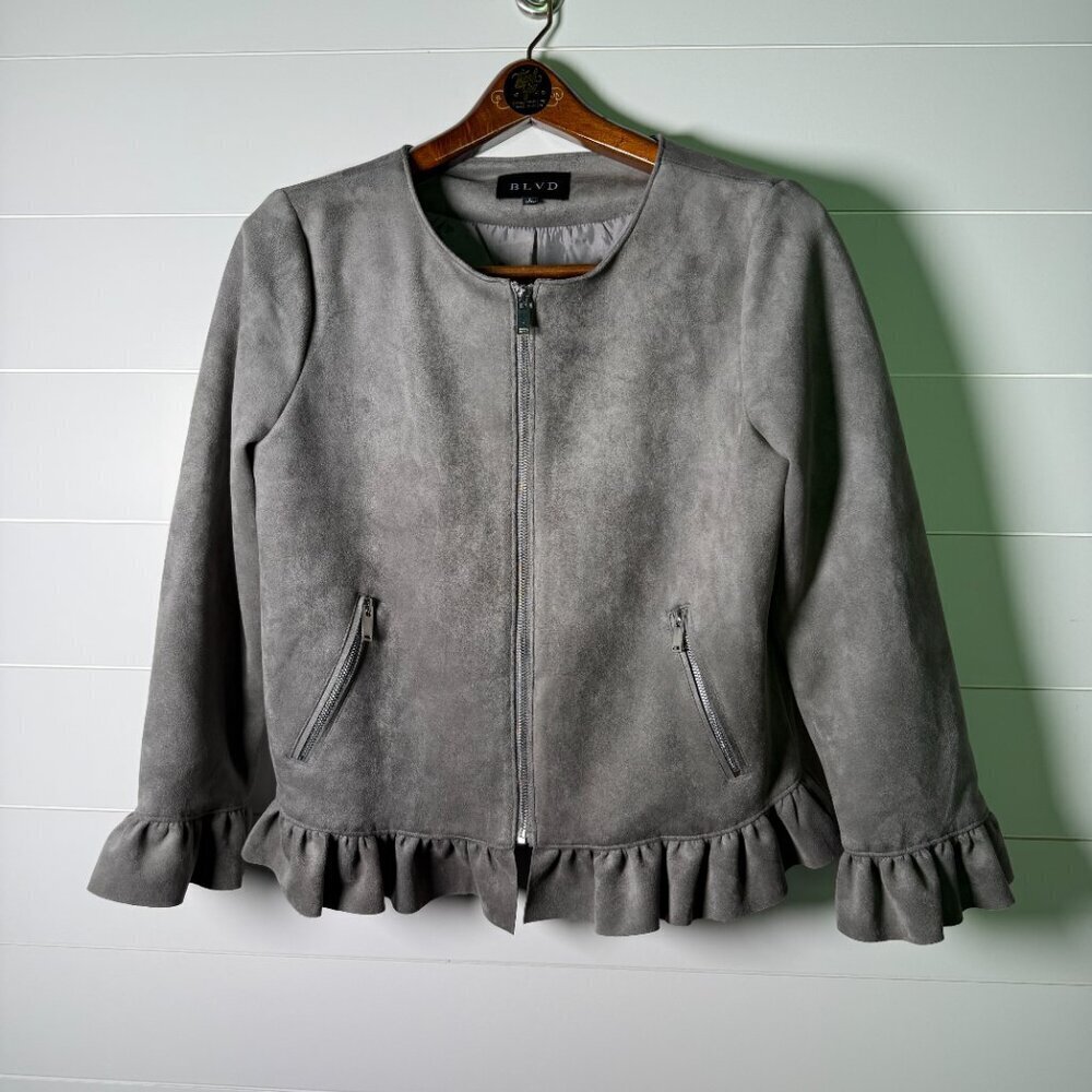 BLVD Faux- Gray Suede Jacket Blazer Size Large Ruffle Bottom